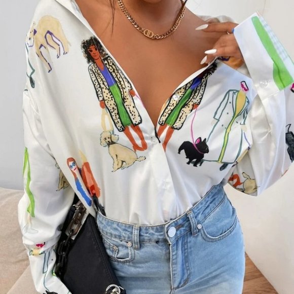 . Tops - Firgure Print Contemporary Button down long sleeve blouse top